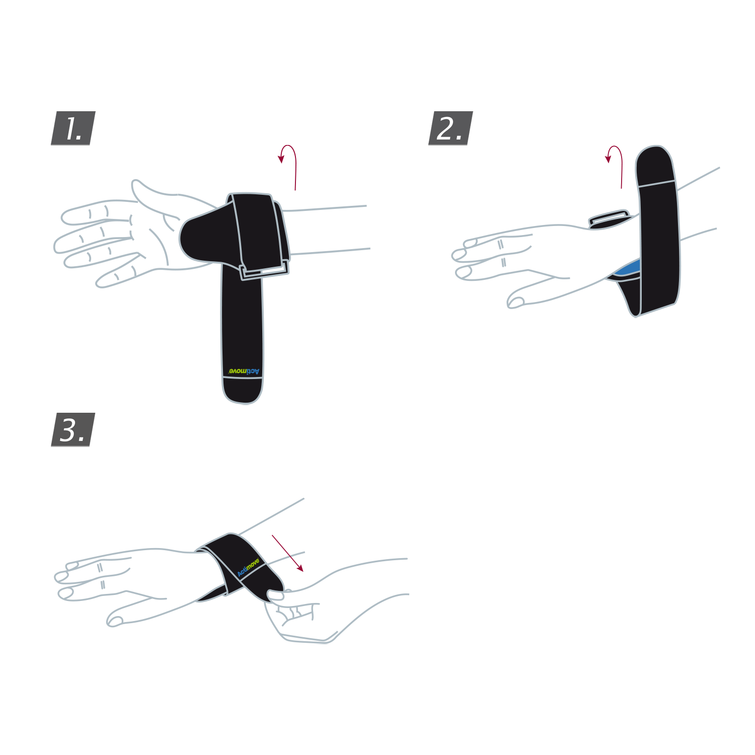 How to put on the Actimove Everyday Supports Wrist Stabilizer Carpal: slide your arm into the stabilizer and fasten the strap
 How to put on the Actimove Everyday Supports Wrist Stabilizer Carpal: slide your arm into the stabilizer and fasten the strap